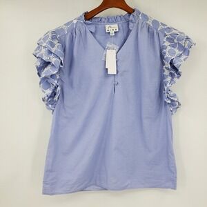 Mira Blue Eyelet Ruffle Sleeve Top Floral Embroidery V-Neck Cotton NWT L Boho